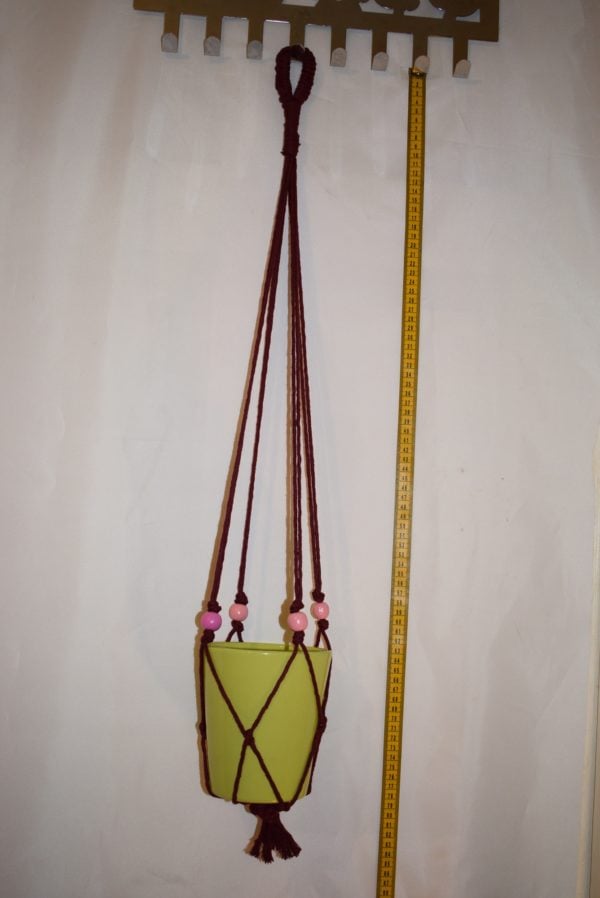 Macrame Plant Pot Hanger – Pure Cotton Burgundy w/ painted wooden beads